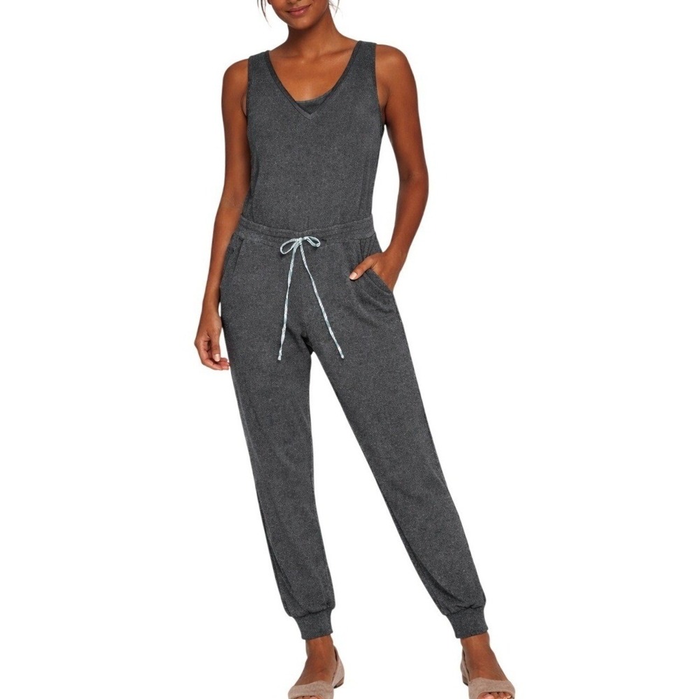 AIGE Mesh Yoke Sleeveless Jogger Jumpsuit Gray Lounge Athleisure Pockets Med USA